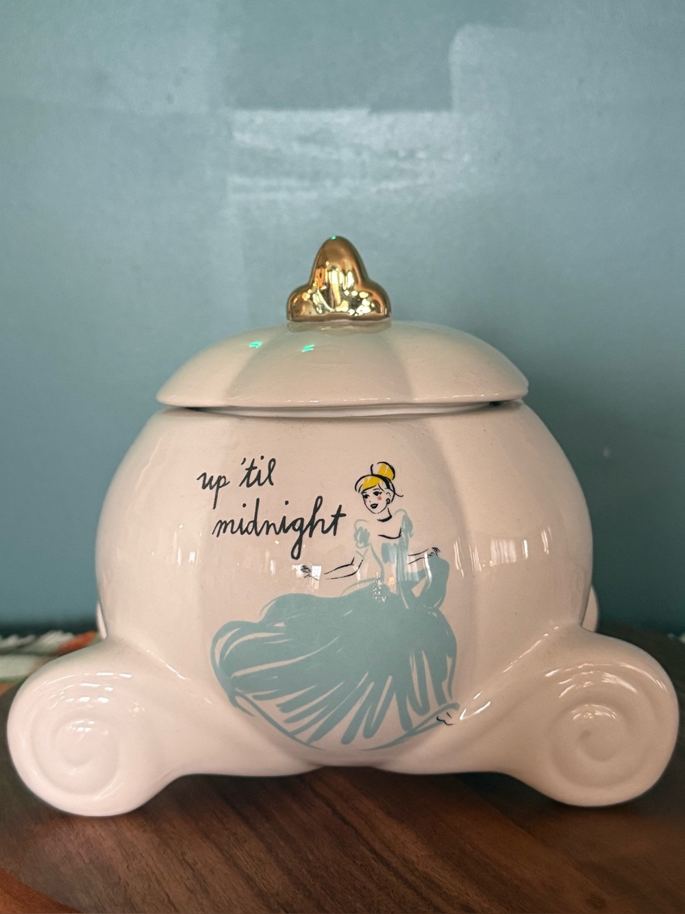 Rae Dunn White Ceramic Princess Carriage Cookie Jar with Gold Accent